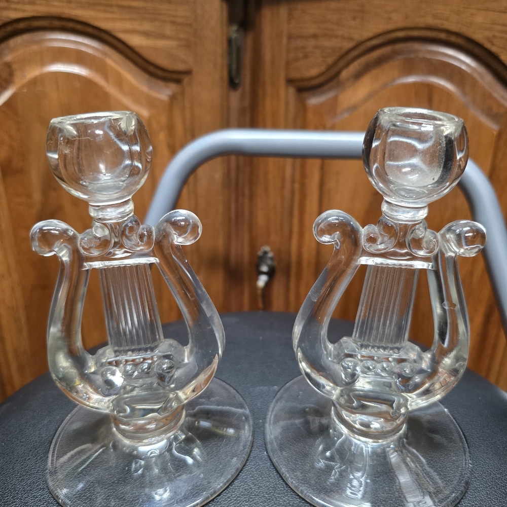 Crystal Lyre "Harp" Clear Glass Candle Holders - Picture 1 of 6